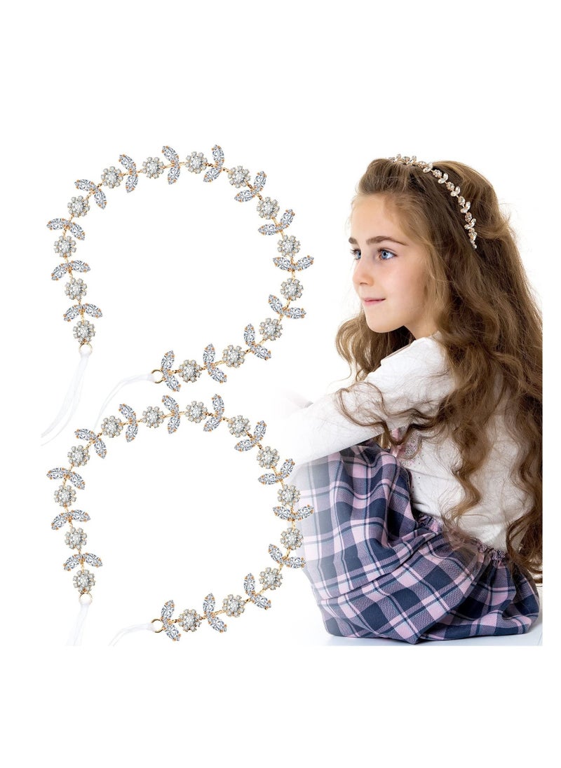 KASTWAVE - Flower Girl Headbands Bridal Headband Crystal Girl Headpieces Princess Headbands Rhinestone Leaves Headpieces Hair Accessories for Girls Toddlers Teenagers Birthday Party Supplies (2 Pieces Gold) - Image 1