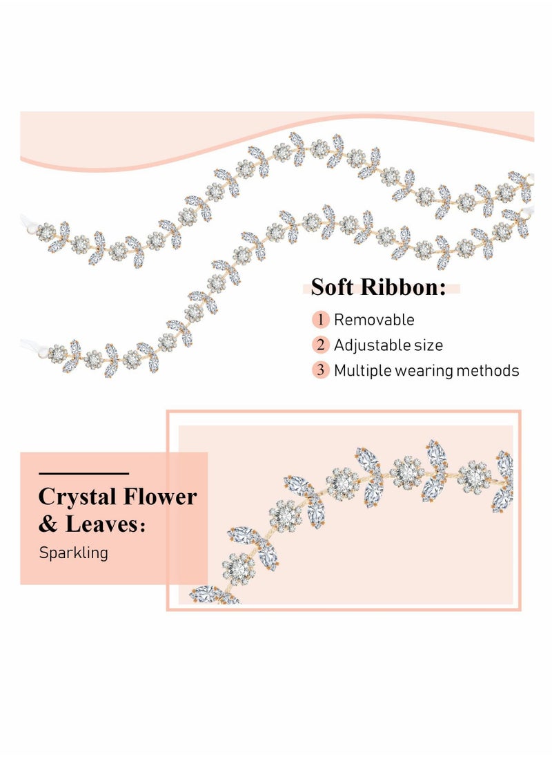 KASTWAVE - Flower Girl Headbands Bridal Headband Crystal Girl Headpieces Princess Headbands Rhinestone Leaves Headpieces Hair Accessories for Girls Toddlers Teenagers Birthday Party Supplies (2 Pieces Gold) - Image 1