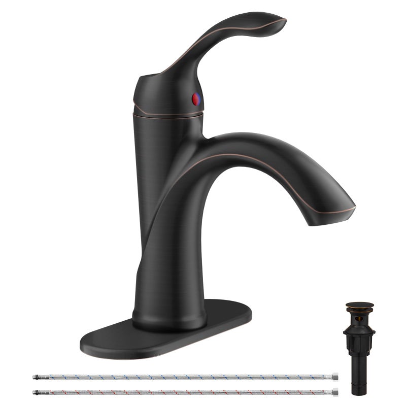 BATHLAVISH Bathroom Sink Faucet 1 Hole Oil Rubbed Bronze Single Handle Bathroom Faucets Farmhouse RV Lavatory Vanity with Pop Up Drain Parts with Overflow