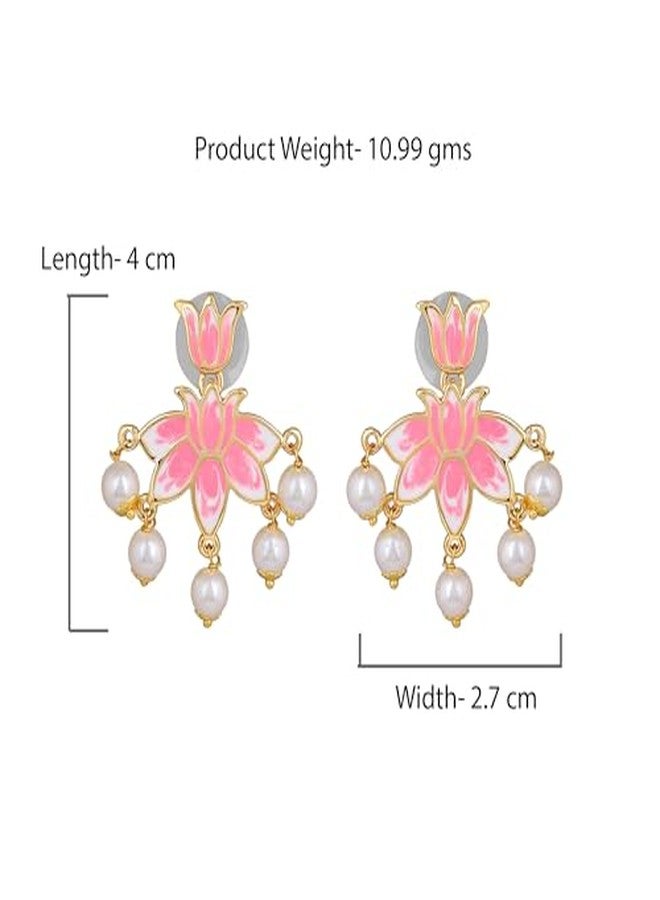 استيل أقراط إستيل للمجوهرات، أقراط أنيقة مطلية بالذهب بتصميم زهرة اللوتس، مرصعة باللؤلؤ الوردي والأبيض، بتصميم متدلي أنيق ومتعدد الاستخدامات للنساء والفتيات. - Image 5