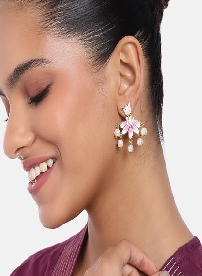 استيل أقراط إستيل للمجوهرات، أقراط أنيقة مطلية بالذهب بتصميم زهرة اللوتس، مرصعة باللؤلؤ الوردي والأبيض، بتصميم متدلي أنيق ومتعدد الاستخدامات للنساء والفتيات. - Image 4