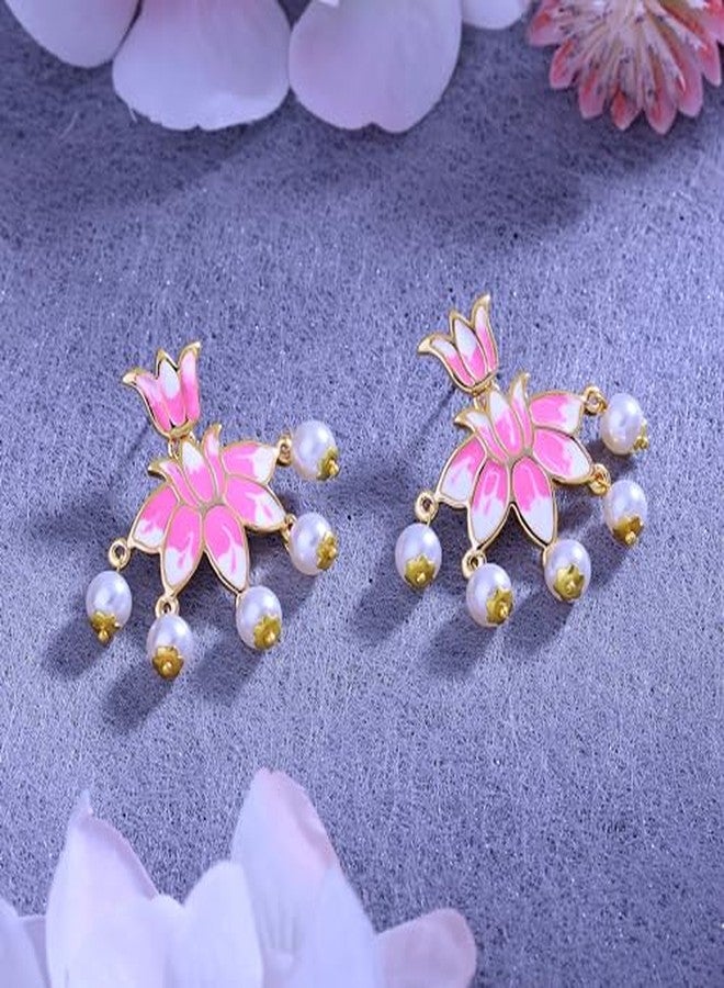 استيل أقراط إستيل للمجوهرات، أقراط أنيقة مطلية بالذهب بتصميم زهرة اللوتس، مرصعة باللؤلؤ الوردي والأبيض، بتصميم متدلي أنيق ومتعدد الاستخدامات للنساء والفتيات. - Image 3