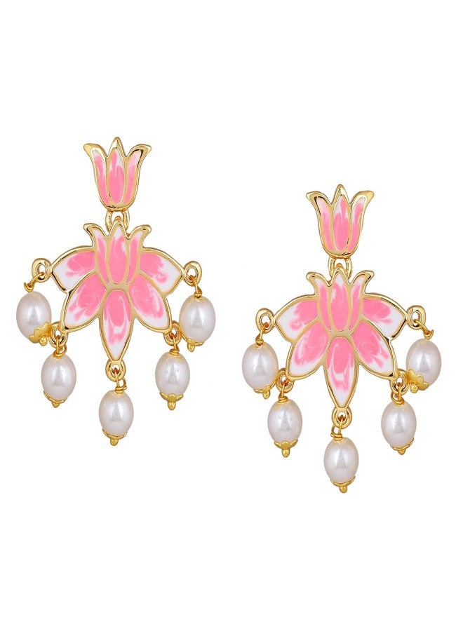 استيل أقراط إستيل للمجوهرات، أقراط أنيقة مطلية بالذهب بتصميم زهرة اللوتس، مرصعة باللؤلؤ الوردي والأبيض، بتصميم متدلي أنيق ومتعدد الاستخدامات للنساء والفتيات. - Image 1