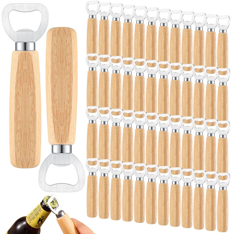 Lounsweer 50 Pcs Wood Wine Bottle Opener Stainless Steel Bottle Opener Wood Handheld Heavy Duty Bartender Cider Engraved Gift Set for Kitchen Wedding Party Bar Home Restaurant 
