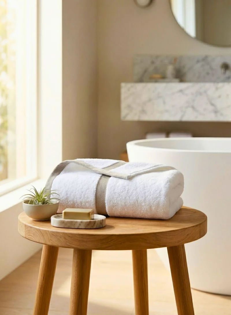 1Chase White/Beige Bath Towel 2-Piece Set – 100% Cotton 600 GSM Soft & Absorbent Bathroom Towels with Beige Border Stripe, Premium Large Towels for Home, Spa & Hotel Use  | Best Price UAE