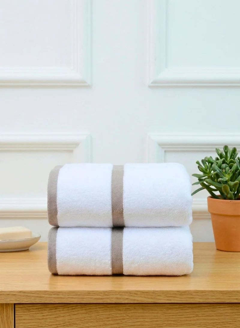 1Chase White/Beige Bath Towel 2-Piece Set – 100% Cotton 600 GSM Soft & Absorbent Bathroom Towels with Beige Border Stripe, Premium Large Towels for Home, Spa & Hotel Use  | Best Price UAE
