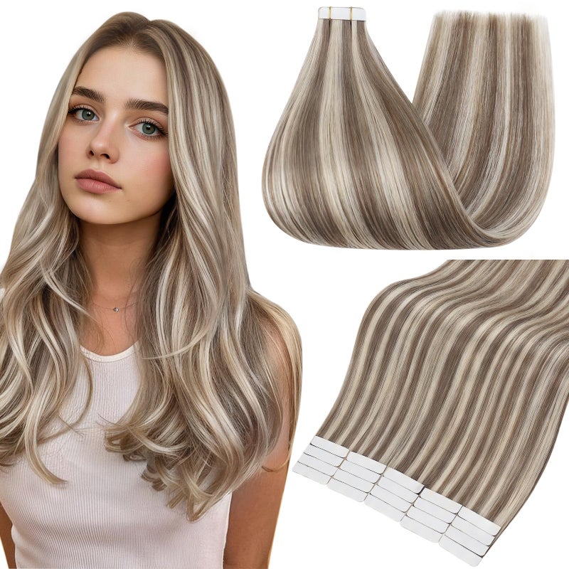 Full Shine Hair Extensions Real Human Hair Tape in 18 Inch 50 Grams Remy Tape Ins Human Hair Extensions Color 8 Ash Brown Highlighted 60 Blonde Seamless Straight Extensions 20PCS