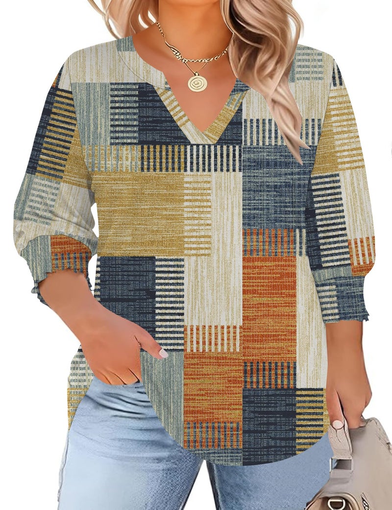 TFSDOD Womens Blouses Dressy Casual 3/4 Length Sleeve Womens Tunic Tops 2026 Summer Vacation Outfits Orange Blue Plaid 3X - Image 1