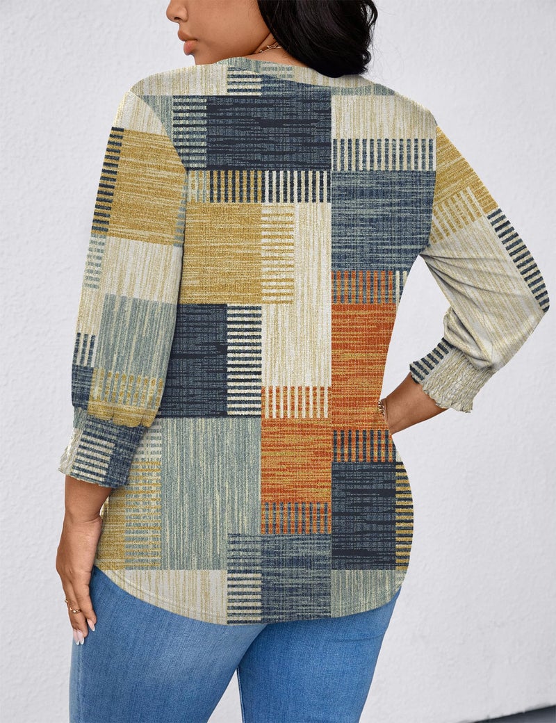 TFSDOD Womens Blouses Dressy Casual 3/4 Length Sleeve Womens Tunic Tops 2026 Summer Vacation Outfits Orange Blue Plaid 3X - Image 3
