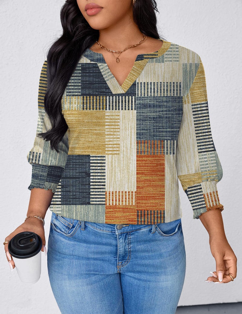 TFSDOD Womens Blouses Dressy Casual 3/4 Length Sleeve Womens Tunic Tops 2026 Summer Vacation Outfits Orange Blue Plaid 3X - Image 5