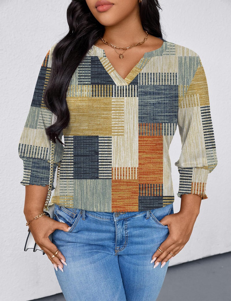 TFSDOD Womens Blouses Dressy Casual 3/4 Length Sleeve Womens Tunic Tops 2026 Summer Vacation Outfits Orange Blue Plaid 3X - Image 4