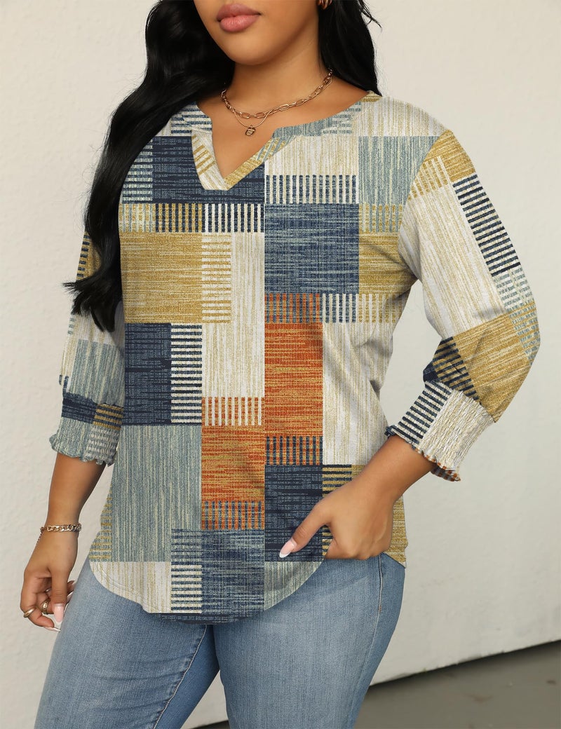 TFSDOD Womens Blouses Dressy Casual 3/4 Length Sleeve Womens Tunic Tops 2026 Summer Vacation Outfits Orange Blue Plaid 3X - Image 2