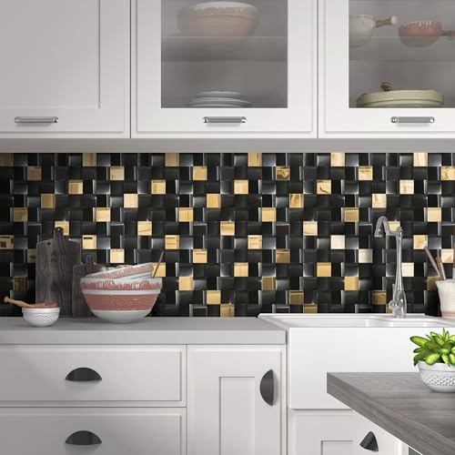 Elephantile 5 Sheets Black & Gold Tiles Metal Mosaic Wall Backsplash Tile 3D Wall Panels [5 Sq.feet] - Image 4