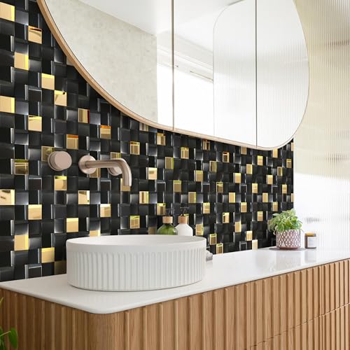 Elephantile 5 Sheets Black & Gold Tiles Metal Mosaic Wall Backsplash Tile 3D Wall Panels [5 Sq.feet] - Image 5