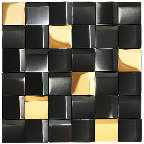 Elephantile 5 Sheets Black & Gold Tiles Metal Mosaic Wall Backsplash Tile 3D Wall Panels [5 Sq.feet] - Image 1