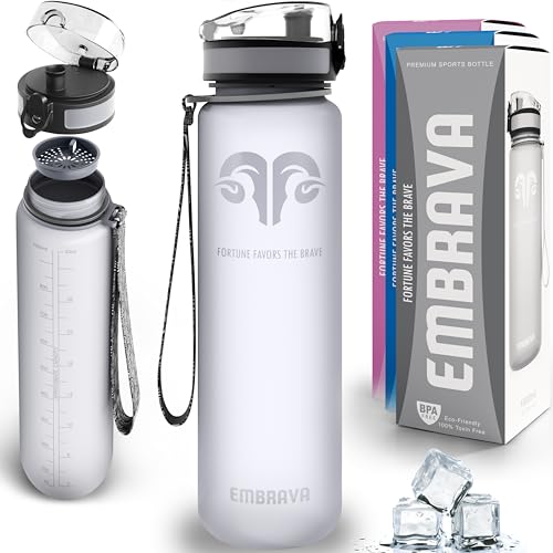 Embrava Best Sports Water Bottle - 32oz Large - Fast Flow, Flip Top Leak Proof Lid - Non-Toxic BPA Free - Safe & Eco-Friendly - Quart (1L) - No Straw, Clear with Strap and Filter - Gym & Workout Ready - Image 1