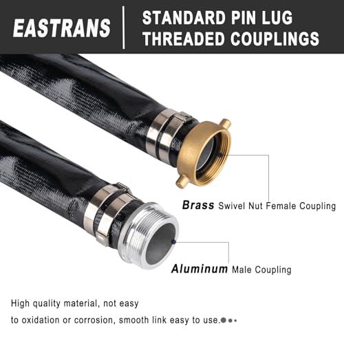 Eastrans 2" x 50' Black PVC Backwash and Discharge Hose for Swimming Pools, Heavy Duty Reinforced Flat Pool Hose with Aluminum Pin Lug Fittings - Image 2