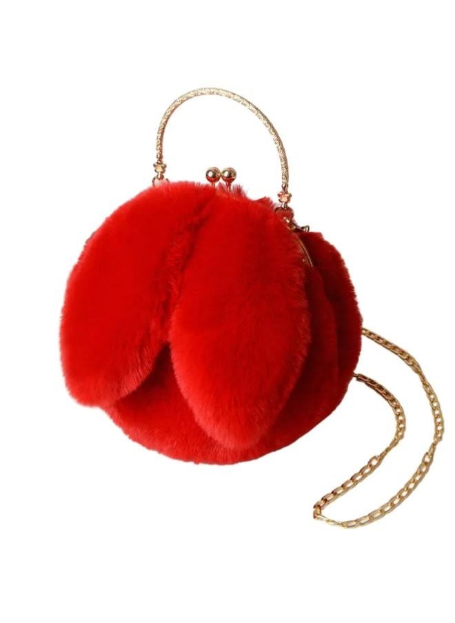 Executive LLC Cute Soft Rabbit Ear Sling Hand Bag With Smooth Zipper,Cross Body Bag For Girls,Clutch Purse with Gold Metal Chain Strap, Plush Side Bag, Shoulder hand Purse(Red)  - Image 4