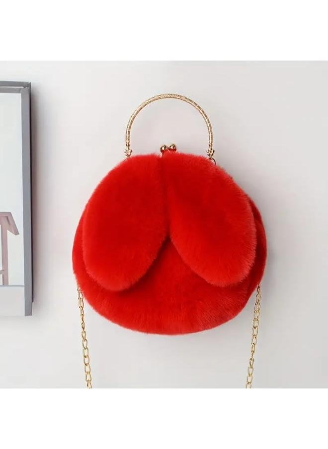 Executive LLC Cute Soft Rabbit Ear Sling Hand Bag With Smooth Zipper,Cross Body Bag For Girls,Clutch Purse with Gold Metal Chain Strap, Plush Side Bag, Shoulder hand Purse(Red)  - Image 2