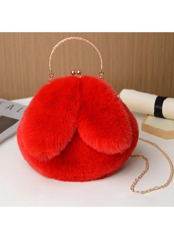 Executive LLC Cute Soft Rabbit Ear Sling Hand Bag With Smooth Zipper,Cross Body Bag For Girls,Clutch Purse with Gold Metal Chain Strap, Plush Side Bag, Shoulder hand Purse(Red)  - Image 3