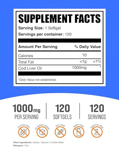BulkSupplementscom Cod Liver Oil Softgels Cod Liver Supplement Nutritional Supplement Gluten Free 1 Softgel per Serving 1000mg 120 Count Pack of 1 - Image 3