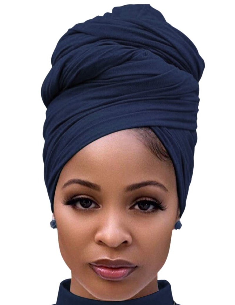 Harewom Headwraps for Women African Turbans Stretch Jersey Knit Scarf Headbands Tie for Bad Hair Day Navy Blue - Image 1