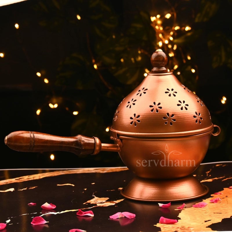ServDharm Metal Aarti Metal Loban Dhoop Dani StandDhoop Dani Burner for Home Office Temple PujaRound Copper - Image 1