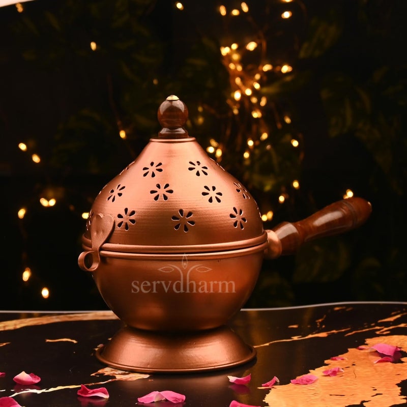 ServDharm Metal Aarti Metal Loban Dhoop Dani StandDhoop Dani Burner for Home Office Temple PujaRound Copper - Image 3