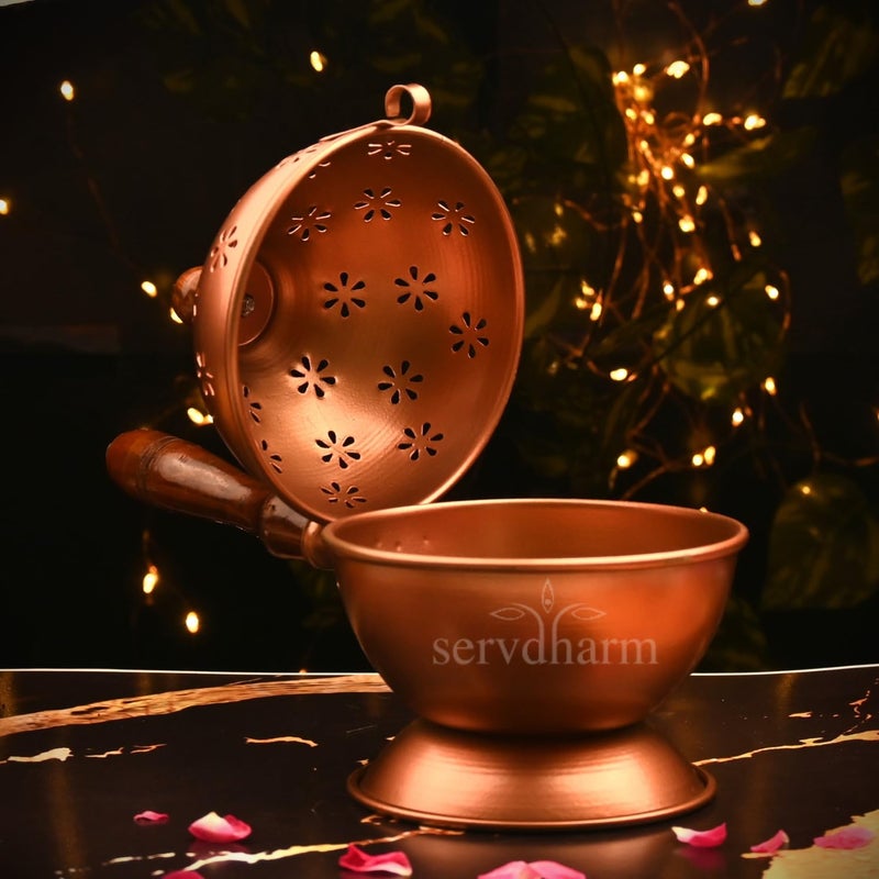 ServDharm Metal Aarti Metal Loban Dhoop Dani StandDhoop Dani Burner for Home Office Temple PujaRound Copper - Image 2