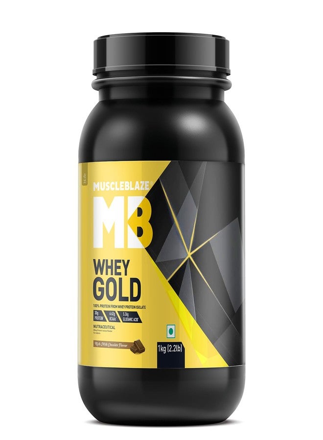 مسل بلايز MuscleBlaze Whey Gold، بروتين مصل اللبن المعزول 100%، معتمد من Labdoor USA، 30 غرام من بروتين مصل اللبن لكل مغرفة (شوكولاتة الحليب الغنية، 1 كجم / 2.2 رطل) - Image 1