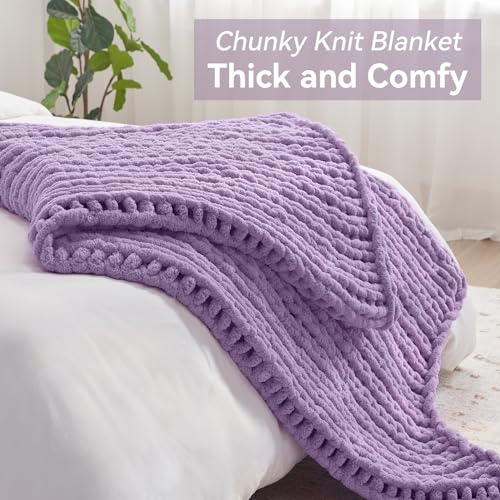 Negwoo Chunky Knit Throw Blanket, 30''*40'' Knitted Throw Chenille Yarn for Bed Couch, Handmade Light Purple Crochet Big Thick Blanket, Machine Washable Cute Comfy Blanket for Home Decor - Image 5
