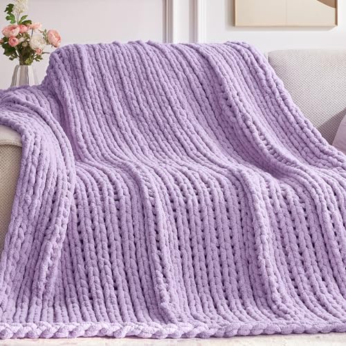 Negwoo Chunky Knit Throw Blanket, 30''*40'' Knitted Throw Chenille Yarn for Bed Couch, Handmade Light Purple Crochet Big Thick Blanket, Machine Washable Cute Comfy Blanket for Home Decor - Image 1