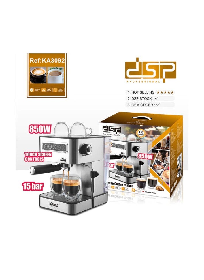 DSP DSP Espresso Machine, Barista Filter Holder Machine with 850 W, 20 Bar Pressure, Coffee Machine with Milk Frother, Double Spout, Removable Drip Grid, 1.6 L Water Tank, Warming Plate (Touch)  - Image 3