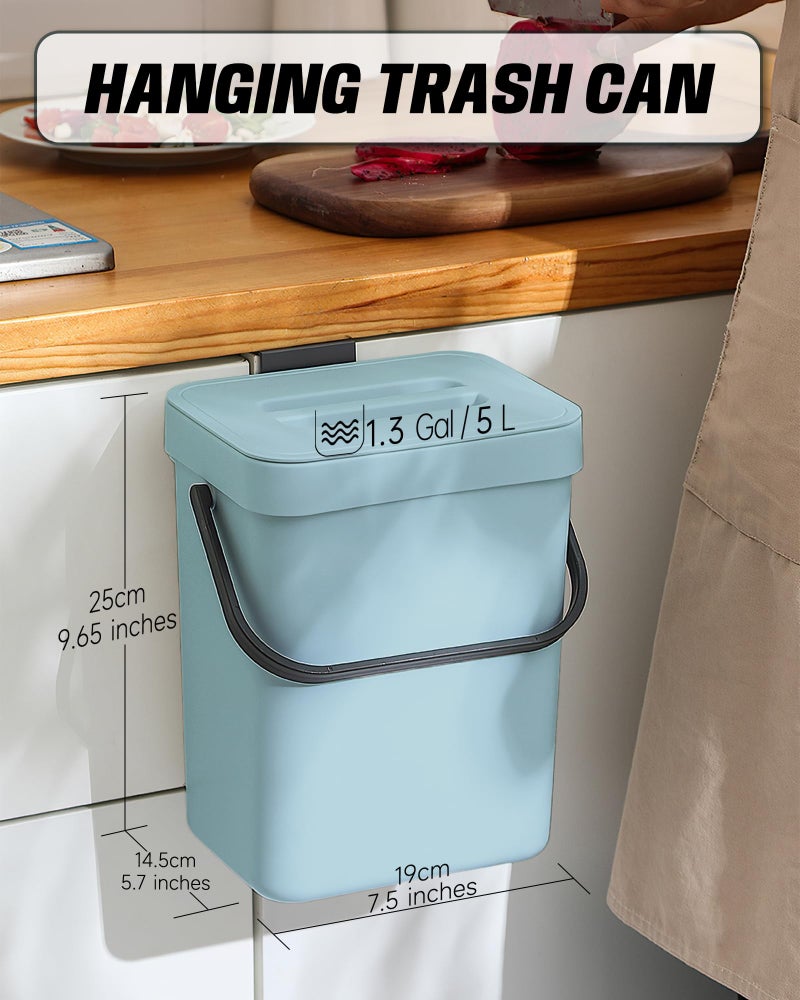MONGTINGLU 1.3 Gallon Small Trash Can with Lid - Countertop Food Waste Bin, Kitchen Hanging Trash Can for Cabinet Door/Under Sink, Small Garbage Can for Desk, 5L(Subtle Blue) - Image 2