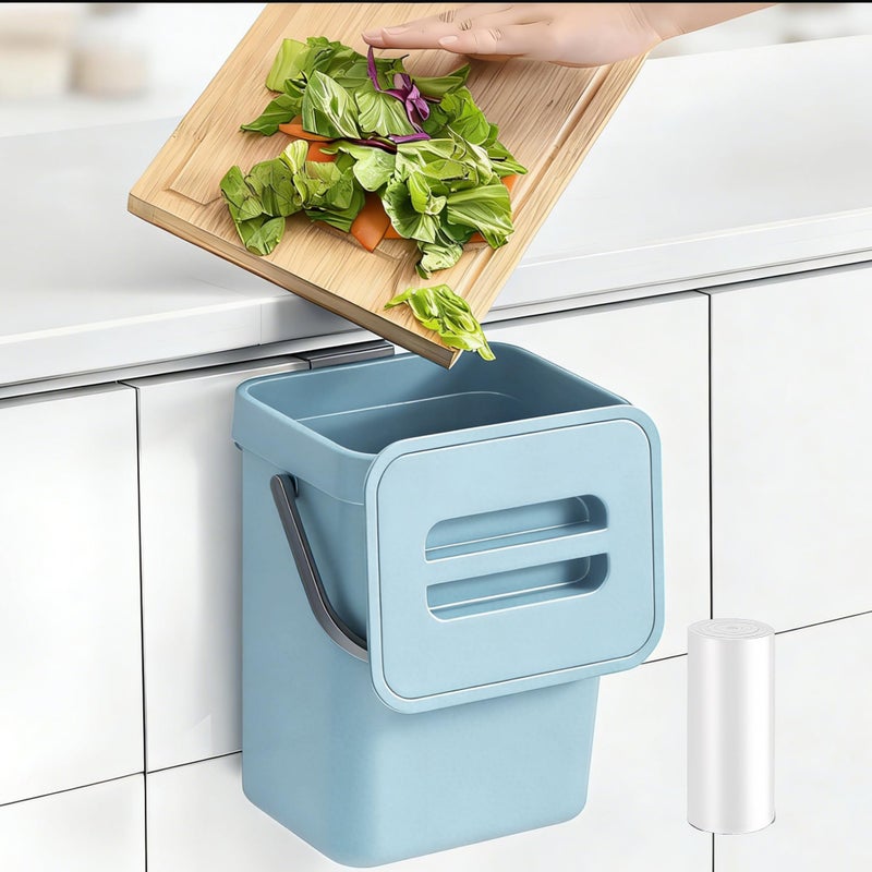 MONGTINGLU 1.3 Gallon Small Trash Can with Lid - Countertop Food Waste Bin, Kitchen Hanging Trash Can for Cabinet Door/Under Sink, Small Garbage Can for Desk, 5L(Subtle Blue) - Image 1