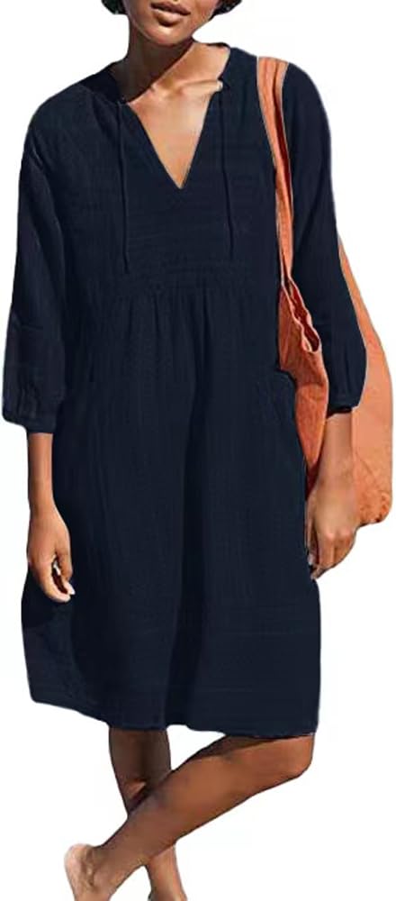 Lafural Womens V Neck Cotton Casual Loose Shift Tunic Smock Summer Dresses Vacation Dress 3/4 Sleeve Pocket Navy M - Image 1