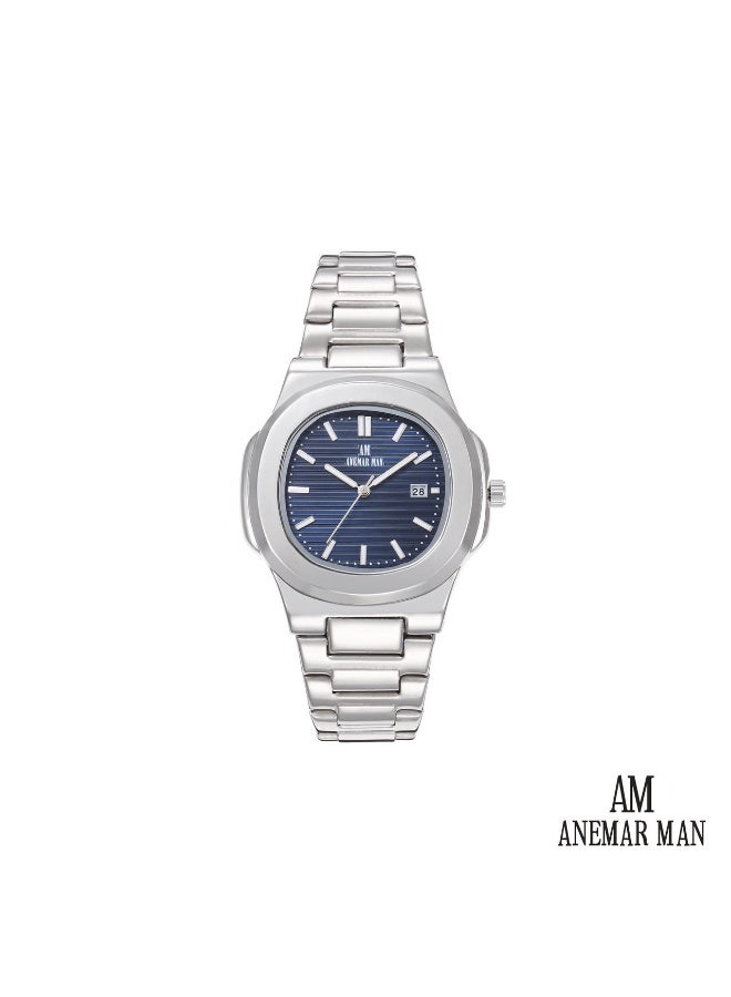 ANEMAR MAN High-quality, water-resistant men's stainless steel wristwatch with a silver strap and blue dial.