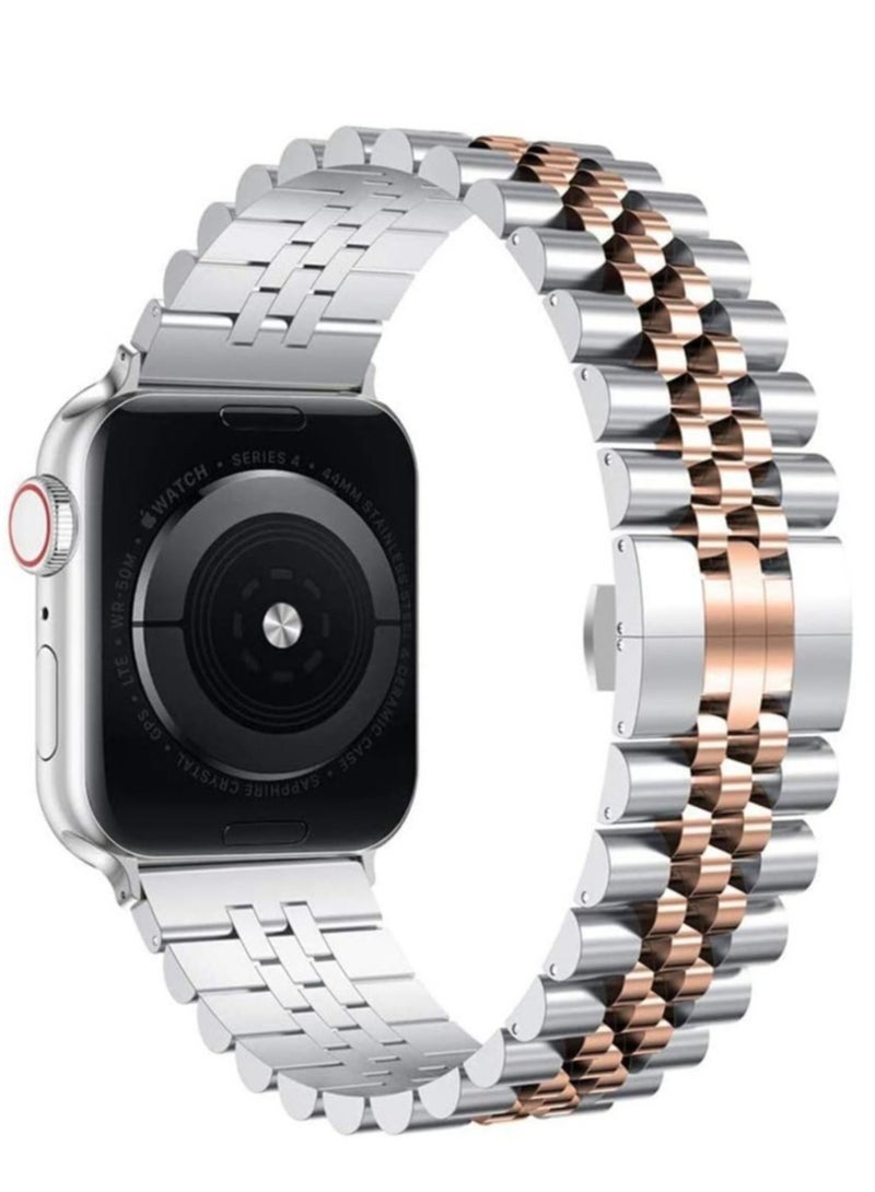 سوار بديل متوافق مع ساعة Apple Watch مقاس 45 مم / 44 مم / 42 مم، سوار معدني من الفولاذ المقاوم للصدأ لسلسلة Apple Watch Series 7 6 5 4 3 2 SE (فضي + ذهبي وردي) - Image 2