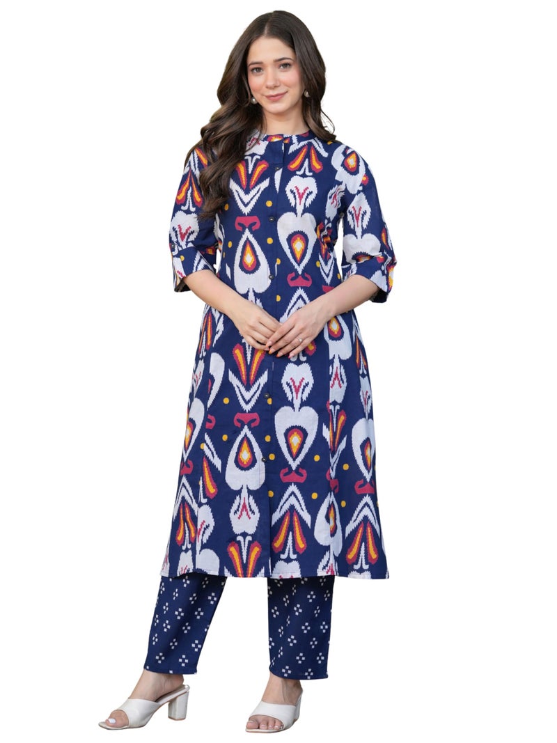 rytras Women's Pure Cotton Printed Ethnic Wear A-Line Kurta Set with Palazzo Pants(RYT638,Blue,M) - Image 1