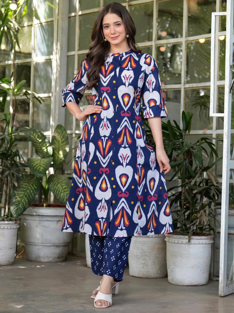 rytras Women's Pure Cotton Printed Ethnic Wear A-Line Kurta Set with Palazzo Pants(RYT638,Blue,M) - Image 3
