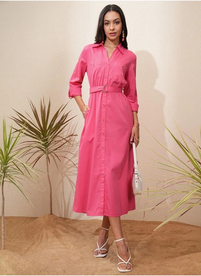 طوكيو توكيز Solid Collared Shirt Midi Dress with Belt Detail by Styli