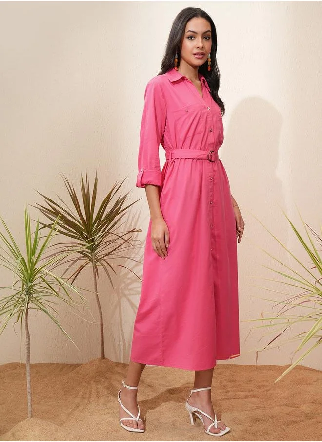Tokyo Talkies Belted Pink Shirt Dress