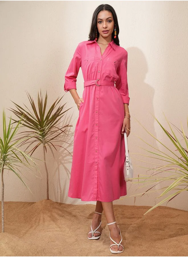 طوكيو توكيز Solid Collared Shirt Midi Dress with Belt Detail