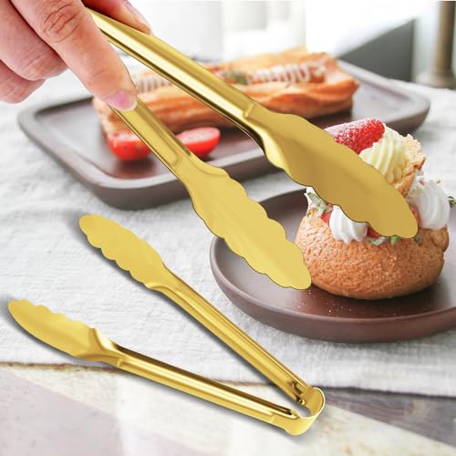 XEVOM 4 Pack Gold Serving Tongs XEVOM Buffet Tongs Serving Utensils Salad Tongs Stainless Steel Gold Plated Buffet Serving Tongs,9 Inch - Image 2