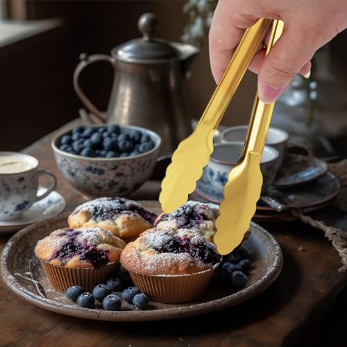 XEVOM 4 Pack Gold Serving Tongs XEVOM Buffet Tongs Serving Utensils Salad Tongs Stainless Steel Gold Plated Buffet Serving Tongs,9 Inch - Image 3