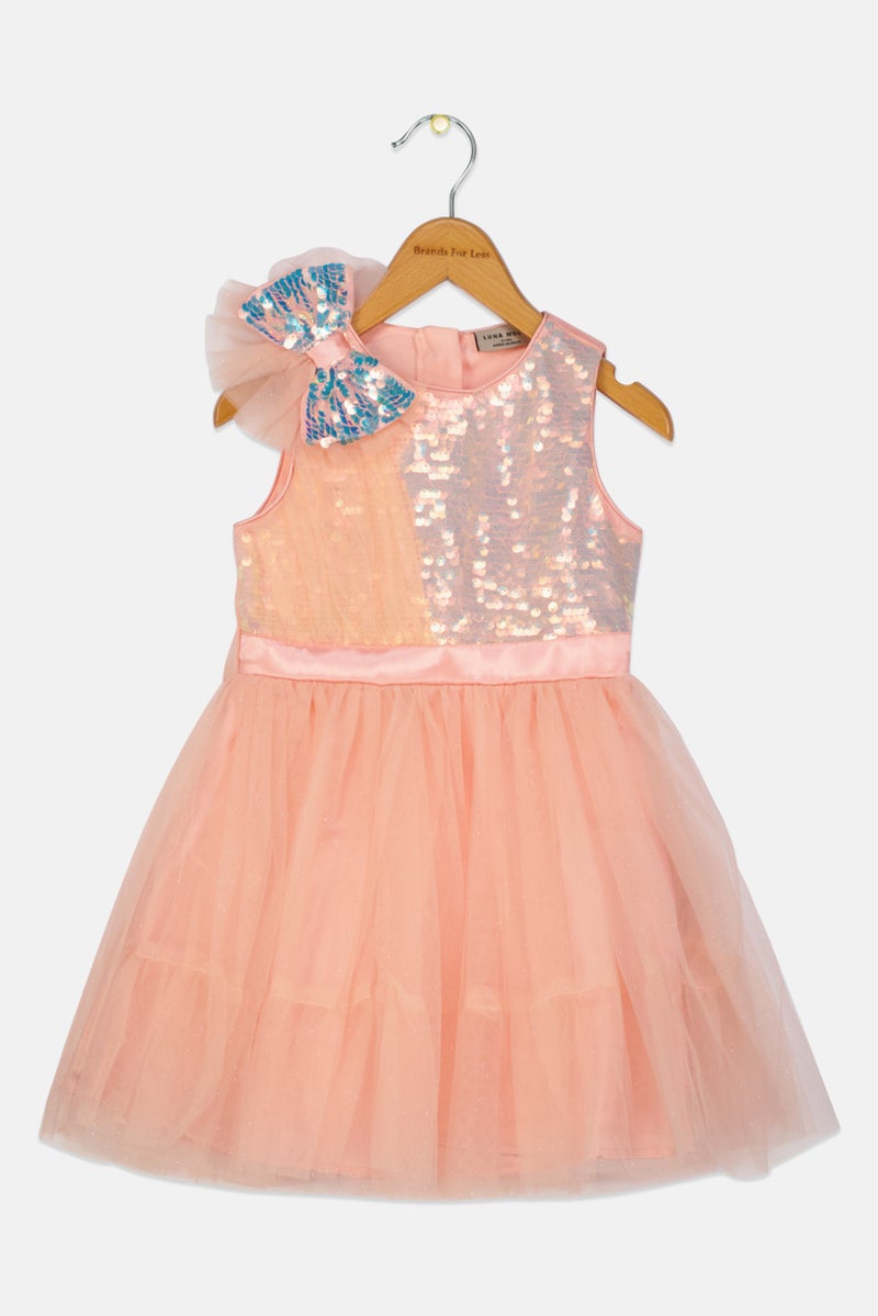 Lunamoon Toddlers Girl Textured Partywear Dress, Peach - Image 1