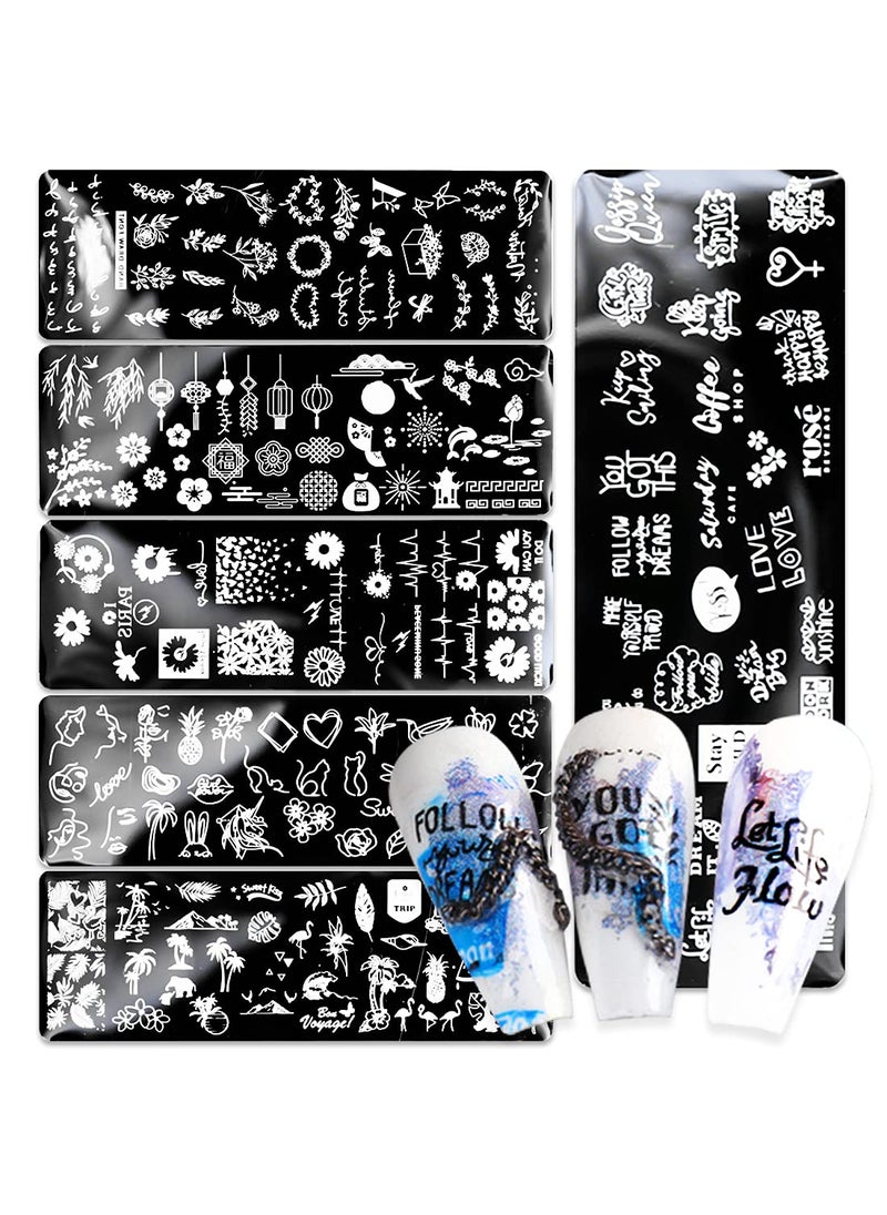 DANNEASY - Nail Stamping Plate, DANNEASY 6 Pieces Nail Stencils Kit Nail Stamps Template Manicure Kit With Nail Stamper, Scraper, Storage Bag (Summer Style) - Image 1
