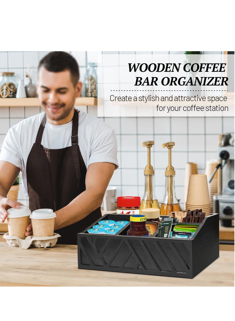 شو وو منظم محطة القهوة، منظم بار القهوة للطاولة، حامل كبسولات القهوة الخشبية، سلة تخزين منظم ملحقات بار القهوة، صندوق ديكور بار القهوة لشاي السكر وأكواب الإسبريسو، أسود - Image 3