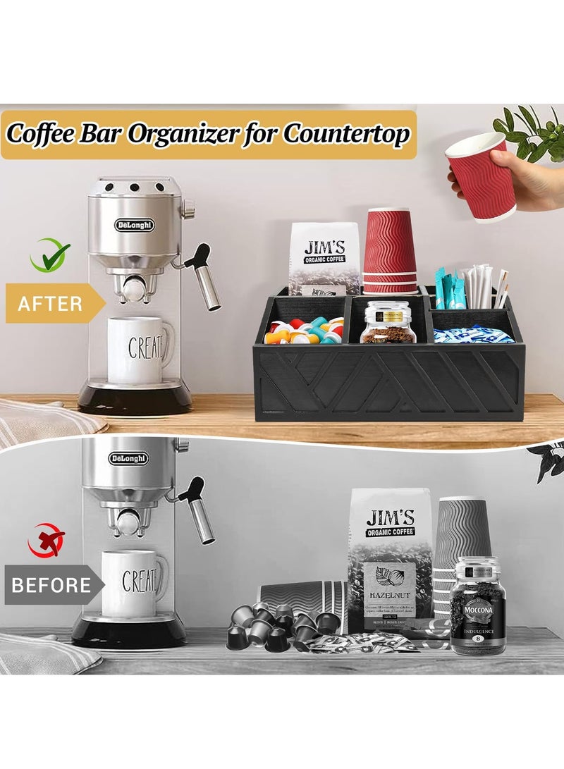 شو وو منظم محطة القهوة، منظم بار القهوة للطاولة، حامل كبسولات القهوة الخشبية، سلة تخزين منظم ملحقات بار القهوة، صندوق ديكور بار القهوة لشاي السكر وأكواب الإسبريسو، أسود - Image 5