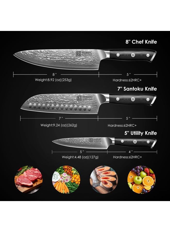 KEEMAKE Damascus Kitchen Knife Set 3 PCS, Sharp Knives Set for Kitchen, 67 Layers Damascus Chef Knives, Japanese Knife Sets with Full Tang Ergonomic Handle, Kitchen Knives for Meat Vegetable - Image 2